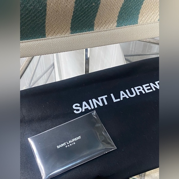 Saint Laurent * Linen Calfskin Striped Rive Gauche Tote Water Green - Picture 12 of 12